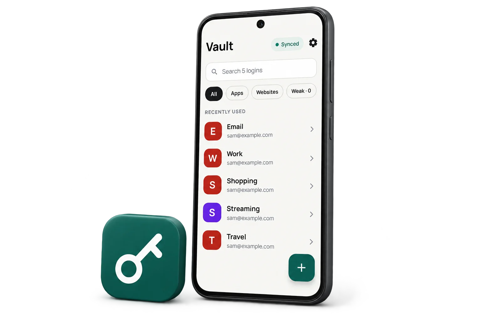 Celular Android com o cofre PassFlow e sua marca da chave